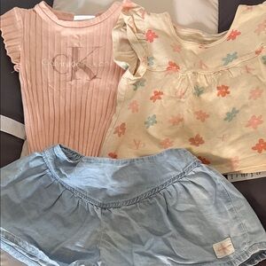 Calvin Klein Pink Ribbed Tee, Floral Cream Top & Light Blue Shorts Set